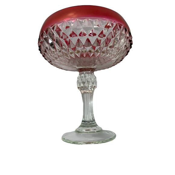 Vintage Clear Diamond Pattern Compote Bowl Pink Trim Pedestal Candy Dish - Picture 3 of 9